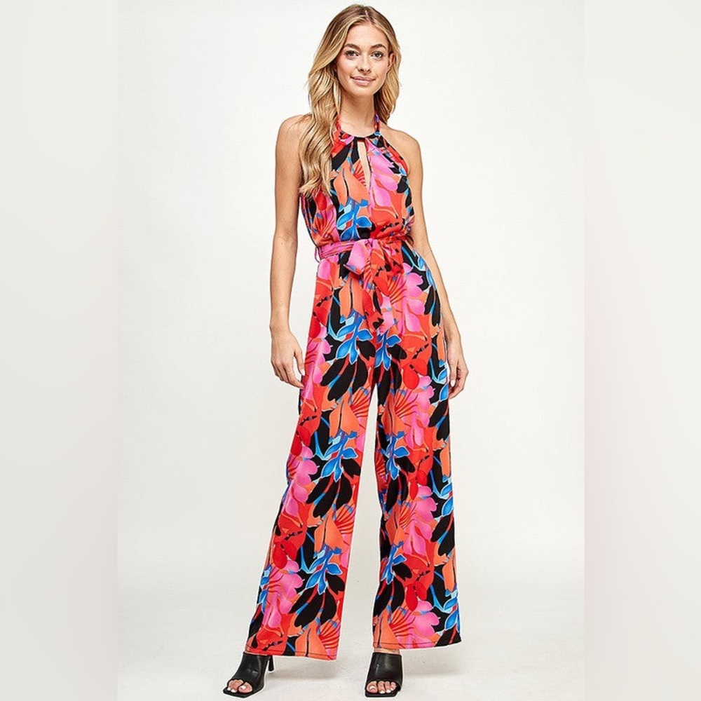 Tropical Halter Wide-Leg Jumpsuit in Bright Floral